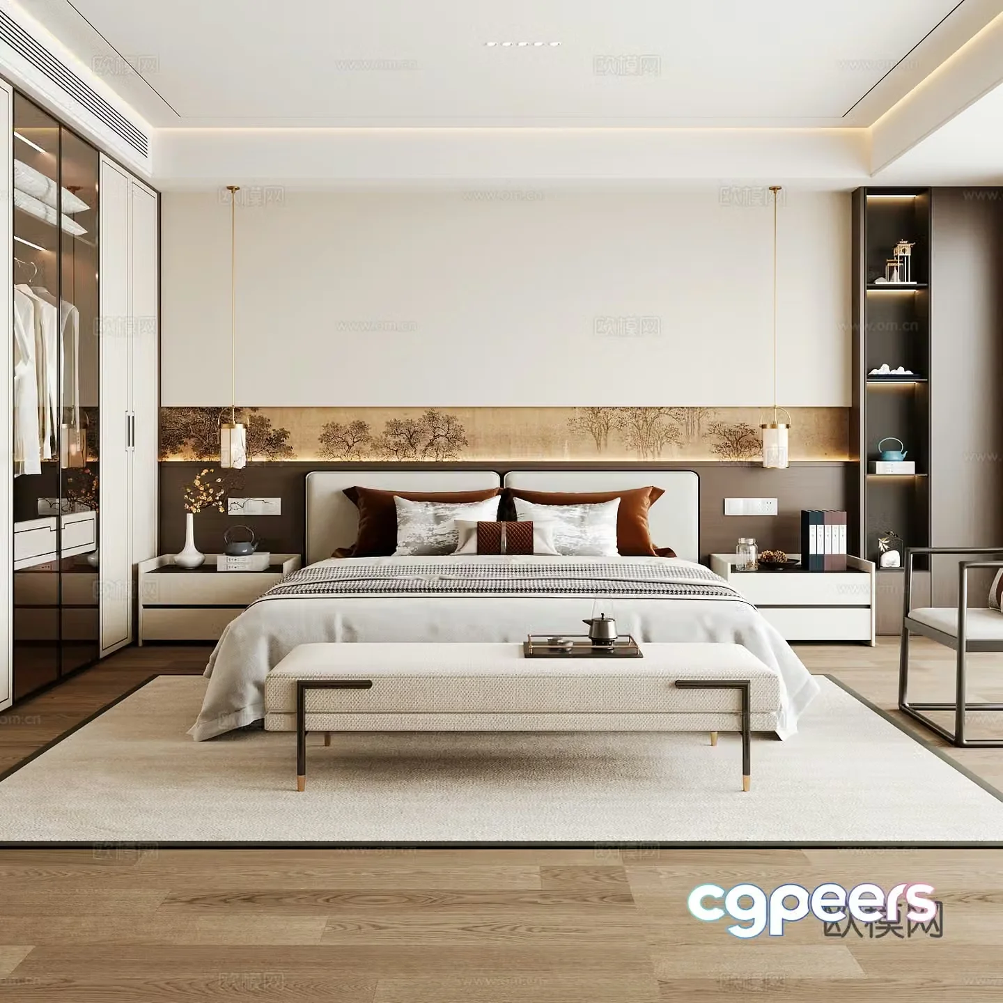 New Chinese style home bedroom Song family aesthetic bedroom Song style bedroom New Chinese style double bed New Chinese 3D model