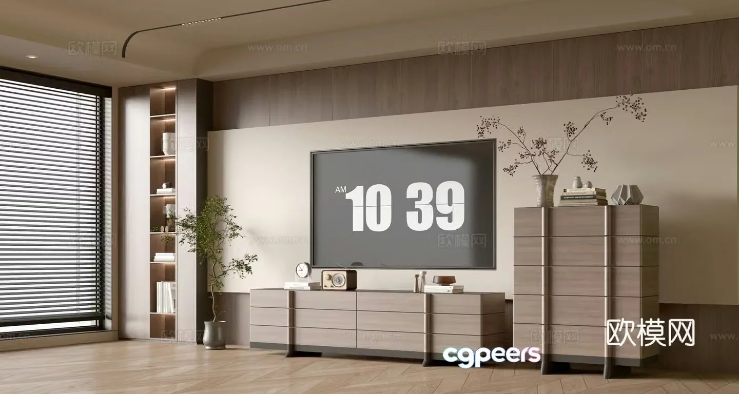 Wasabi Middle Style TV Cabinet TV Background Wall Overall Cabinet TV Background Wall Medal Style 3D Model