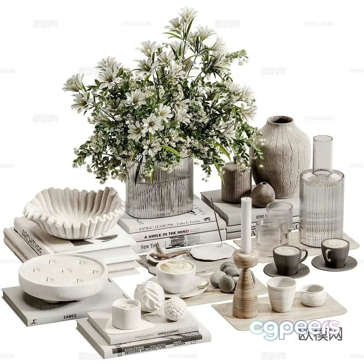 Modern decorations tableware books vases 3D model