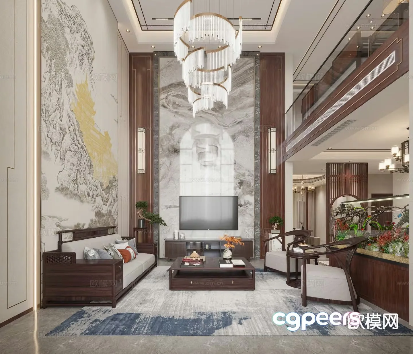 New Chinese style villa living room empty living room 3D model