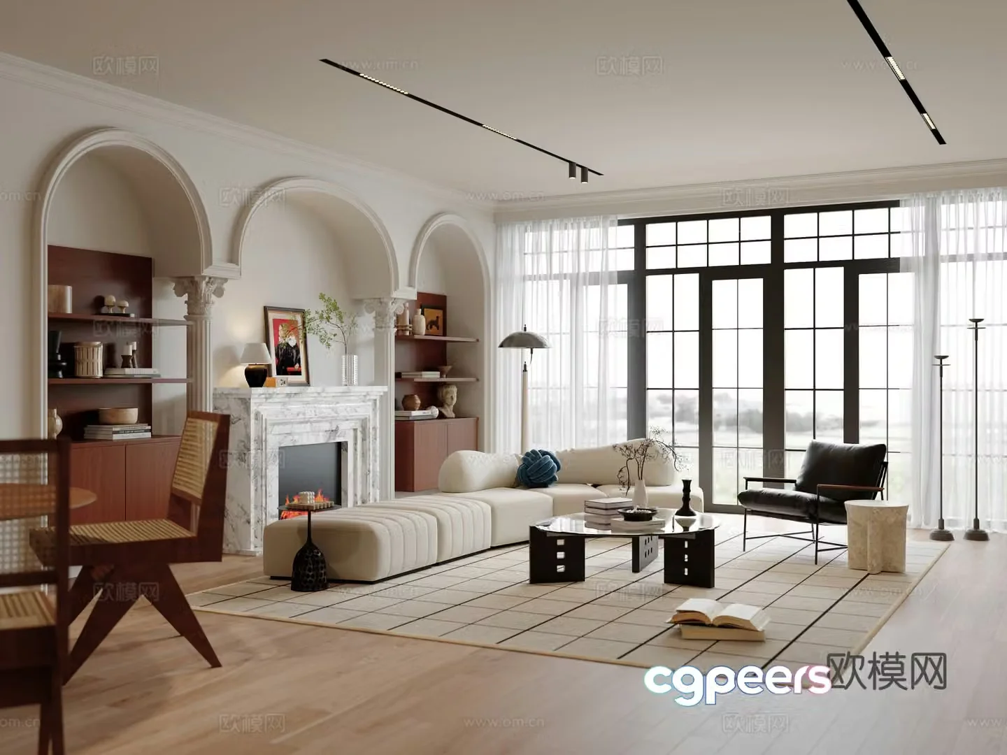 Middle style living room sofa and coffee table combination dining table and chairs accessories and decorations fireplace 3d model