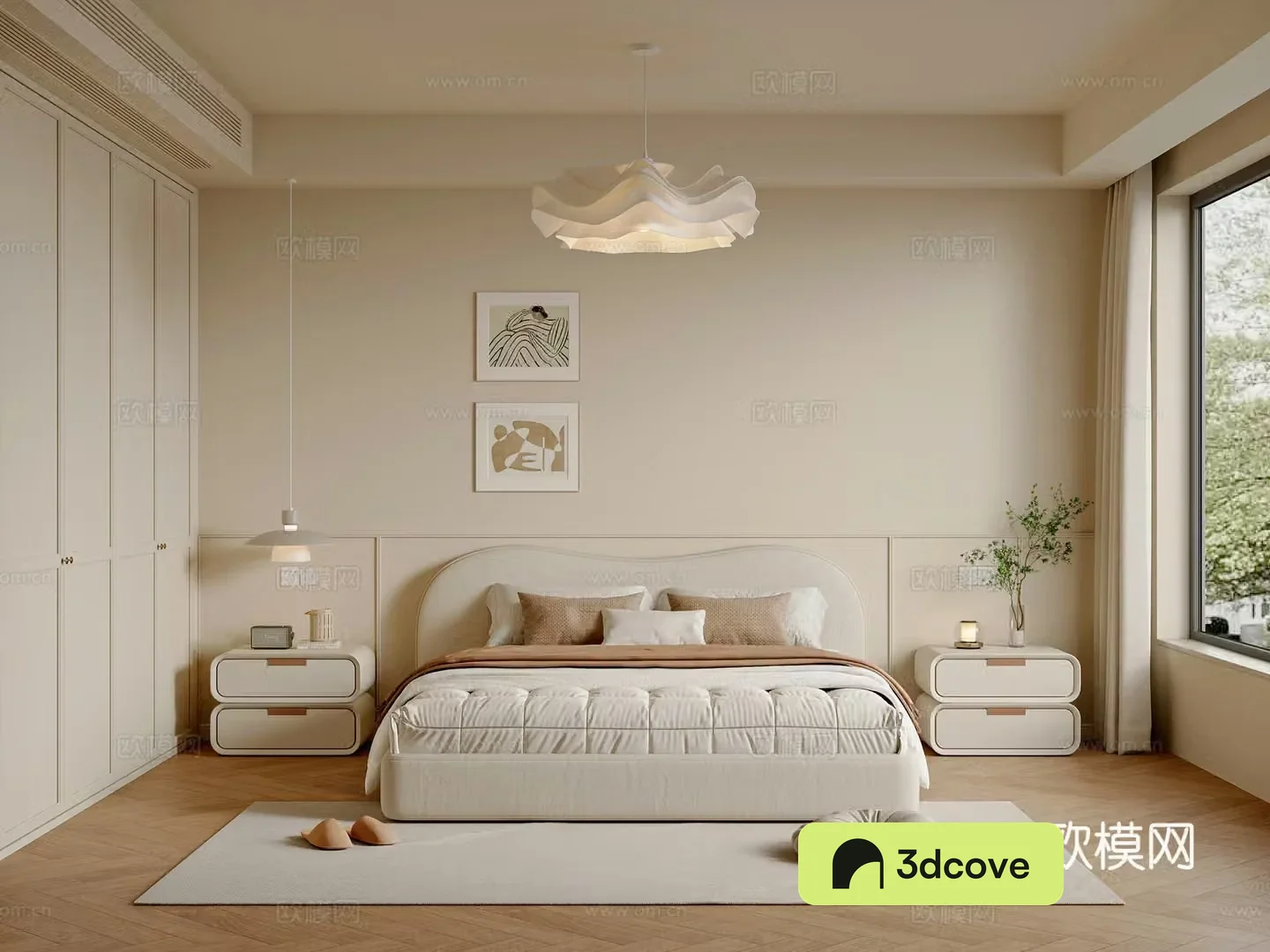 Modern creamy bedroom master bedroom double bed wardrobe hanging painting chandeliers