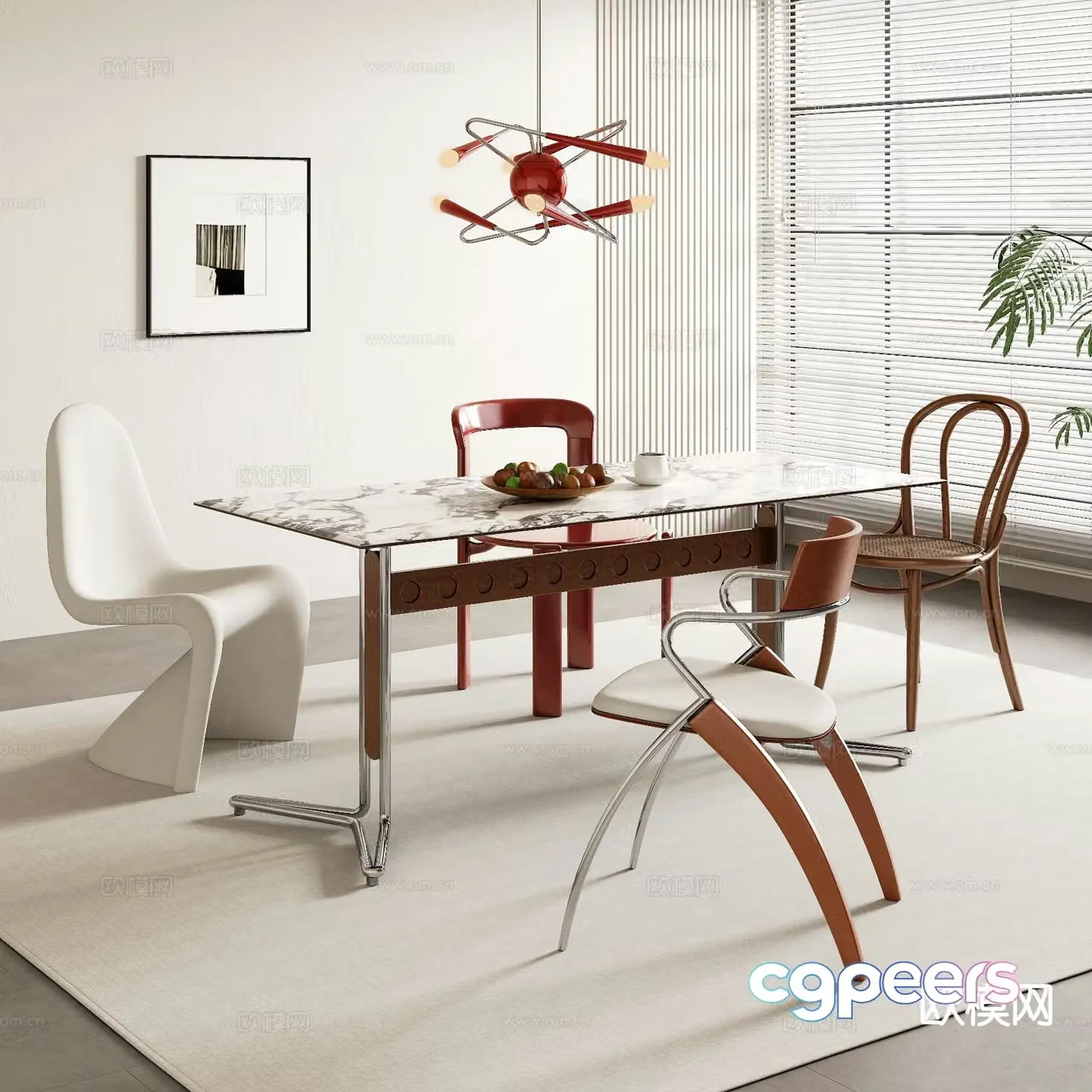 Modern long dining table and chairs 3d model