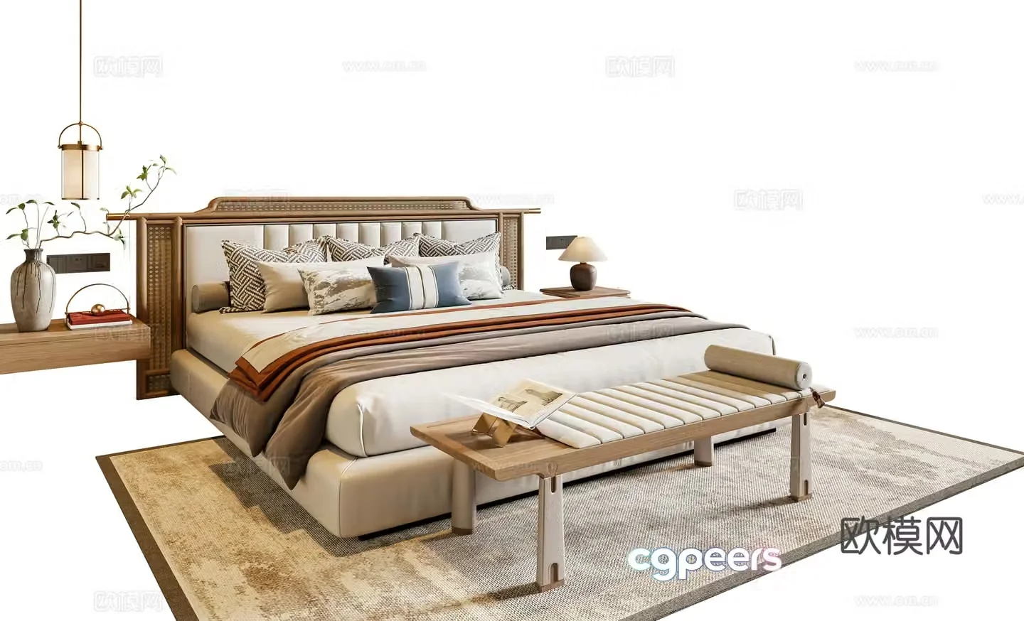 New Chinese style double bed bed nightstand chandeliers foot pedals carpet 3d model