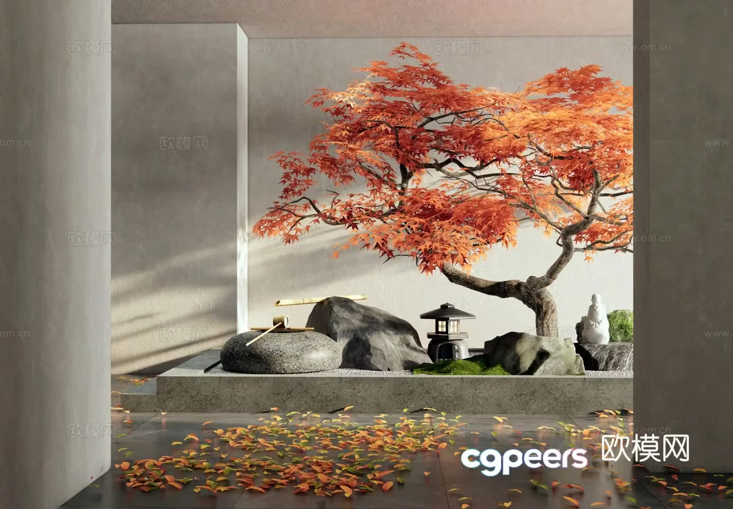 New Chinese style interior landscape landscaping red maple dry landscape water bowl water landscape landscape stone 3d model