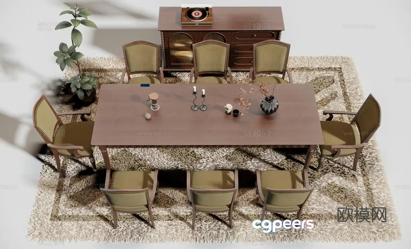 American solid wood dining table and chair 3D model