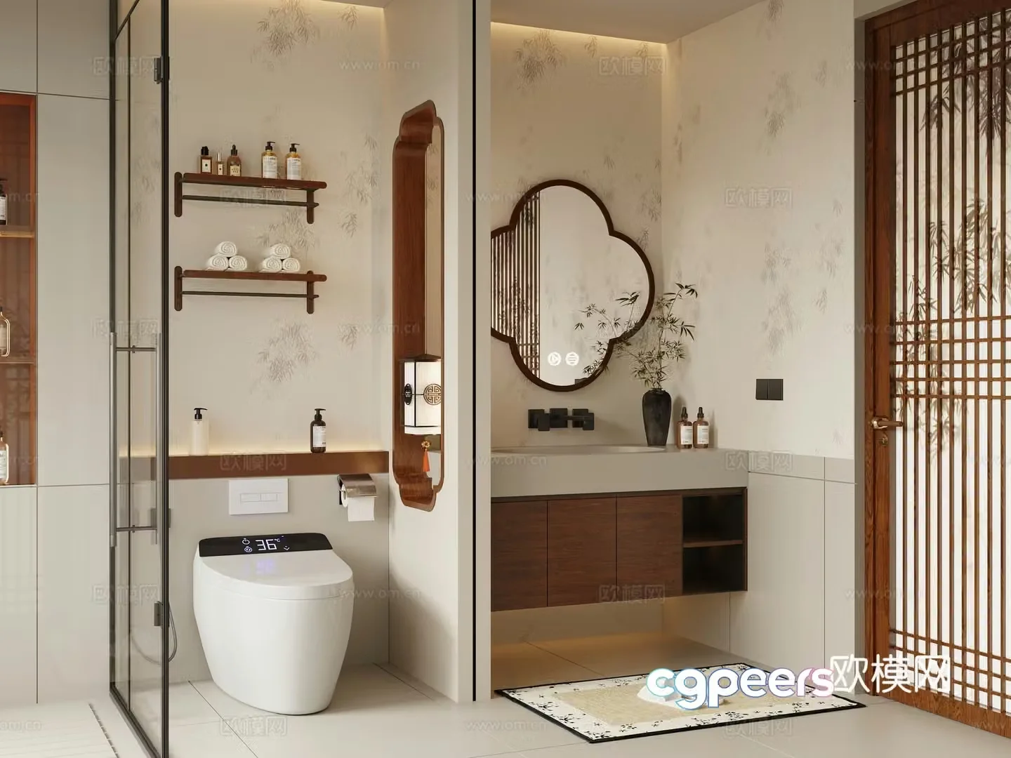 New Chinese-style Zen bathroom Song’s bathroom dry and wet separate bathroom half-wall bathroom 3D model