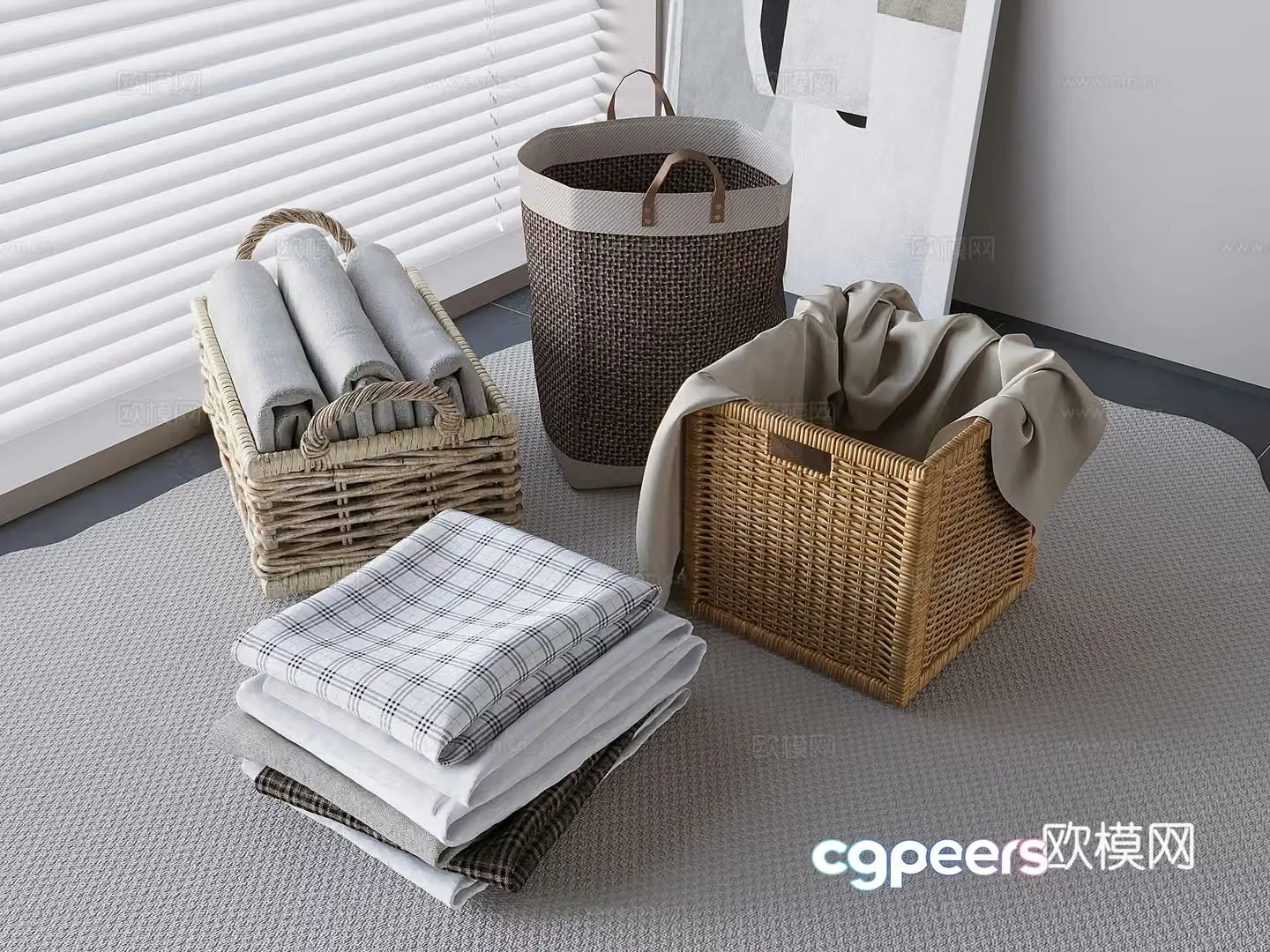 Woven storage basket lattice cabinet Clothes basket straw woven storage basket Storage box Clothes storage box 3D model
