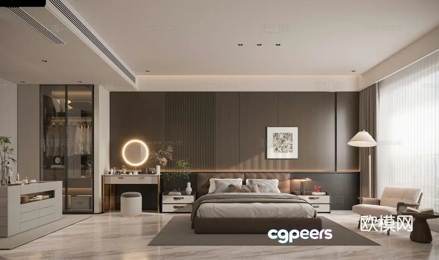 Modern minimalist bedroom Italian style ownerless lamp bedroom wooden manufacturing wall panel leather bed leisure chair decorative cabinet chandelier light 3d model