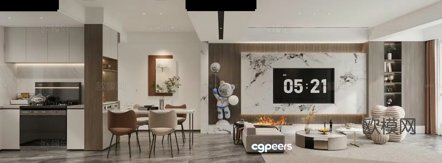 Modern living and dining room 3d model