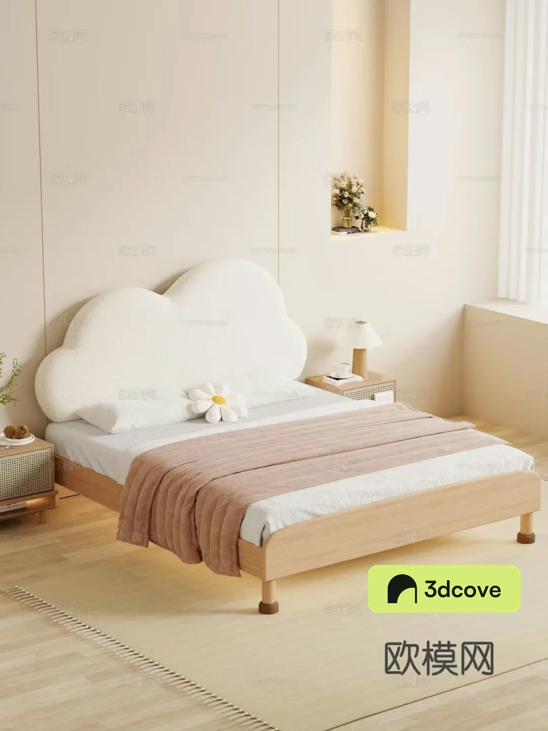 Cream bedroom Cloud double bed nightstand Minimalist bed Decoration Hanging painting