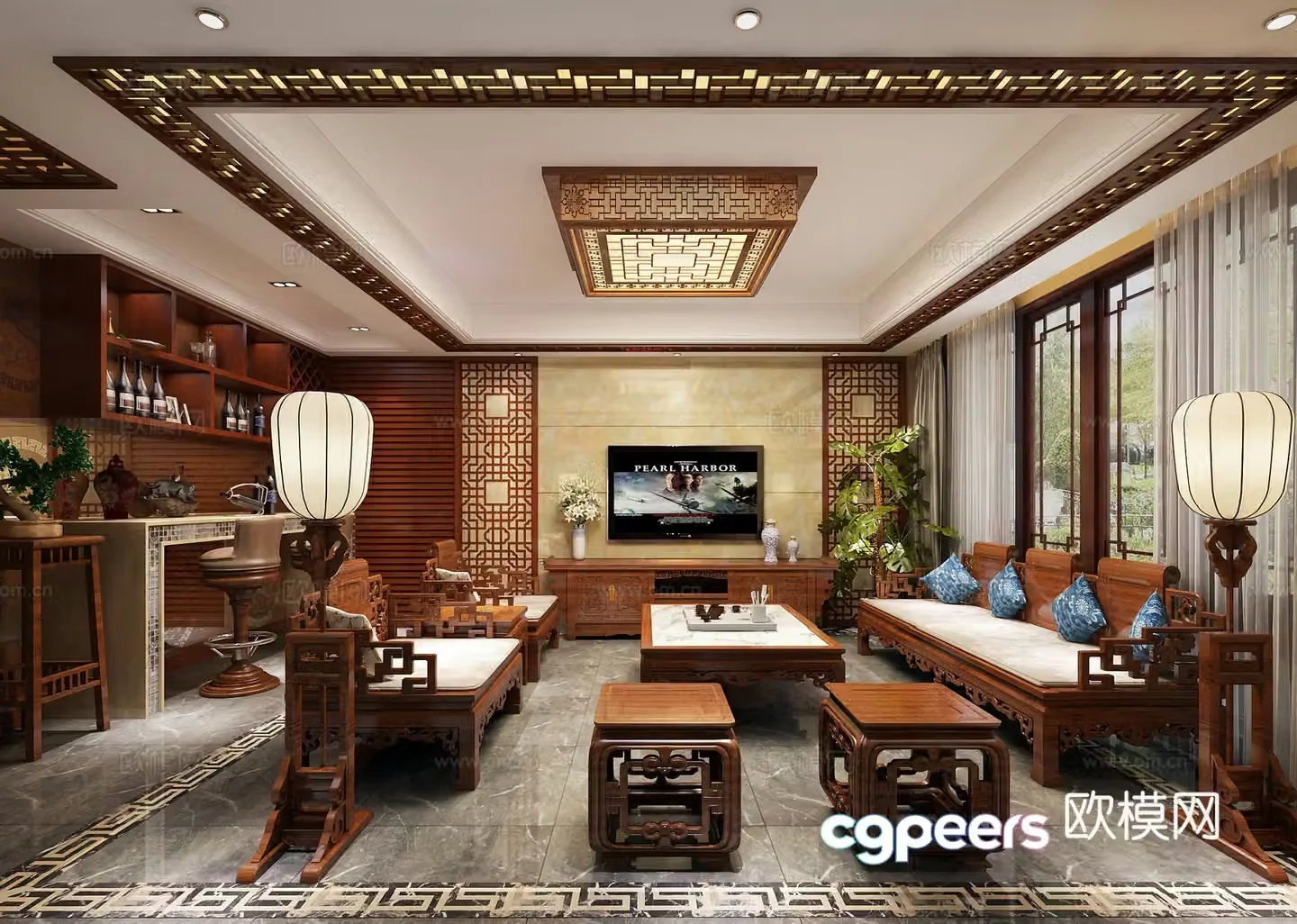 Chinese living room ceiling light sofa TV cabinet flower window 3D model