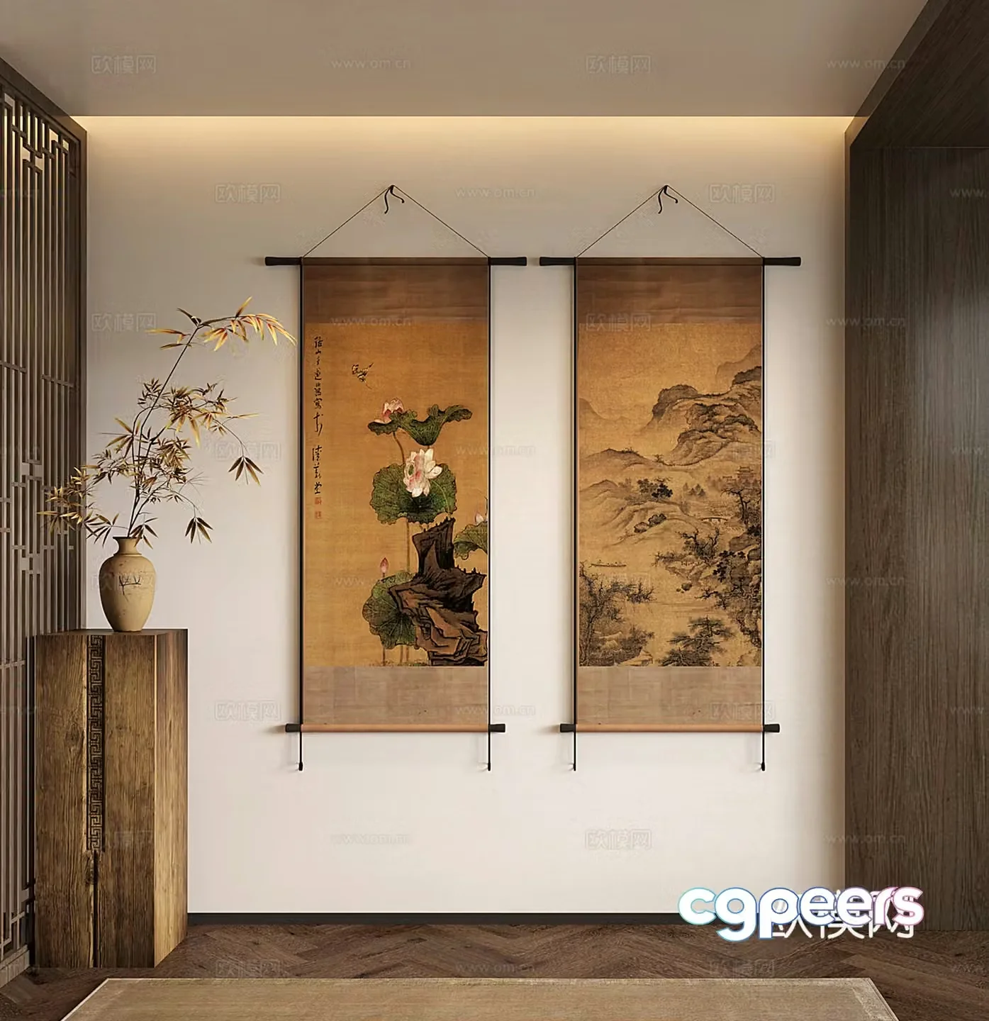 New Chinese style decorative paintings paintings wall paintings landscape scroll paintings lotus 3D model
