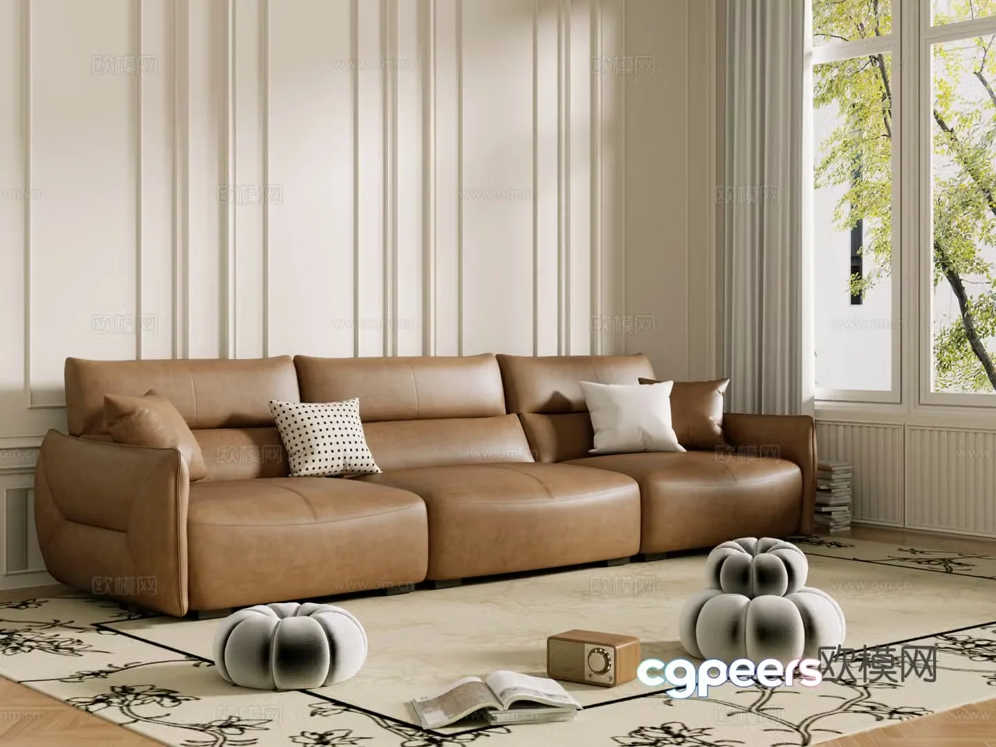 Middle-aged sofa combination coffee table carpet multi-person sofa 3D model