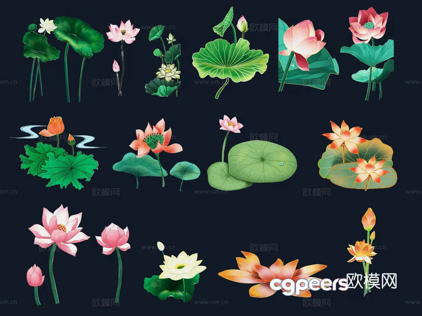 National tide carving plant silhouette lotus lotus leaves flowers national style carp fish 3d model
