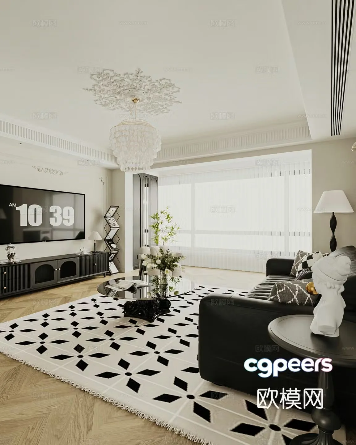 French cream home living room large flat living room vertical hall gypsum line PU model 3D model