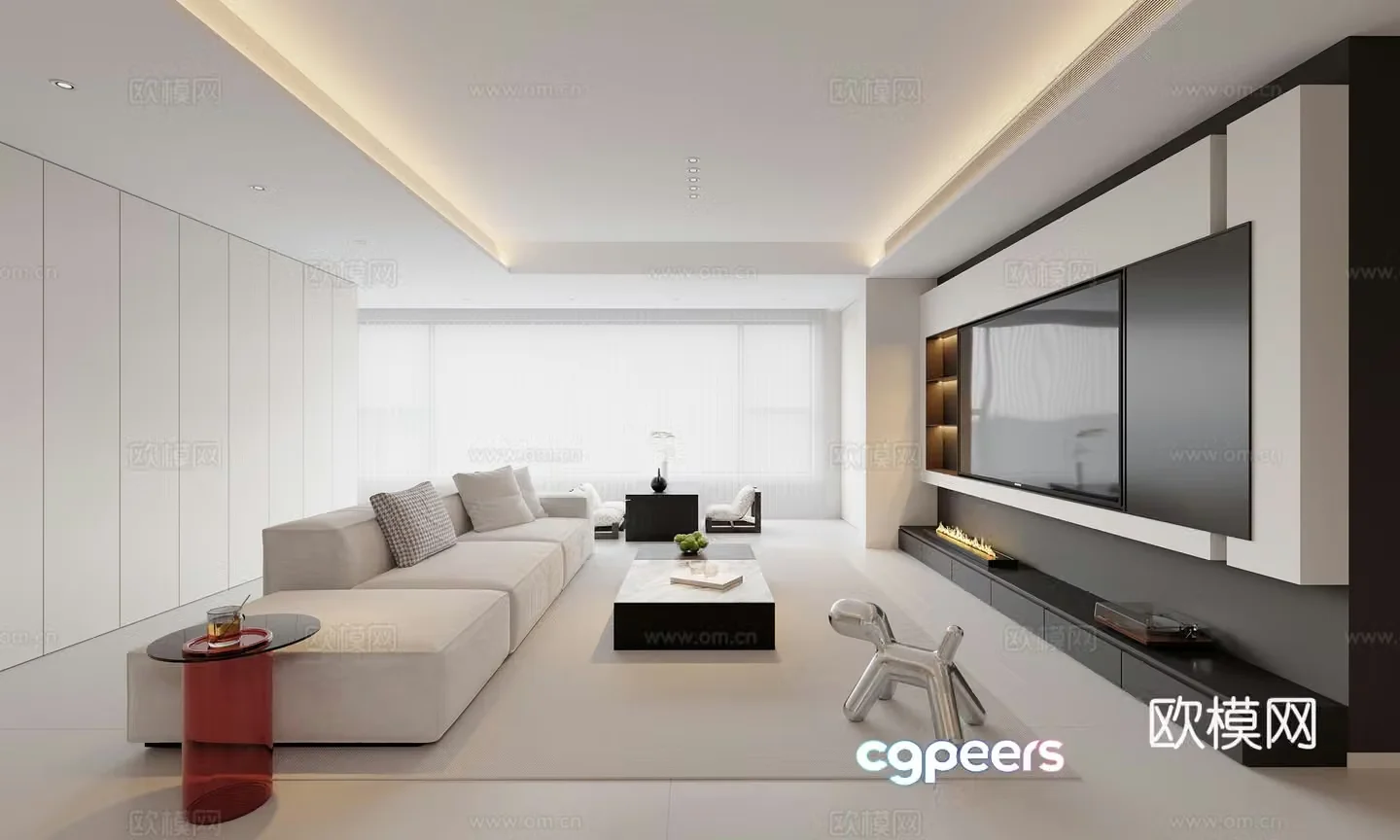 Modern minimalist black white and gray living and dining room kitchen 3d model