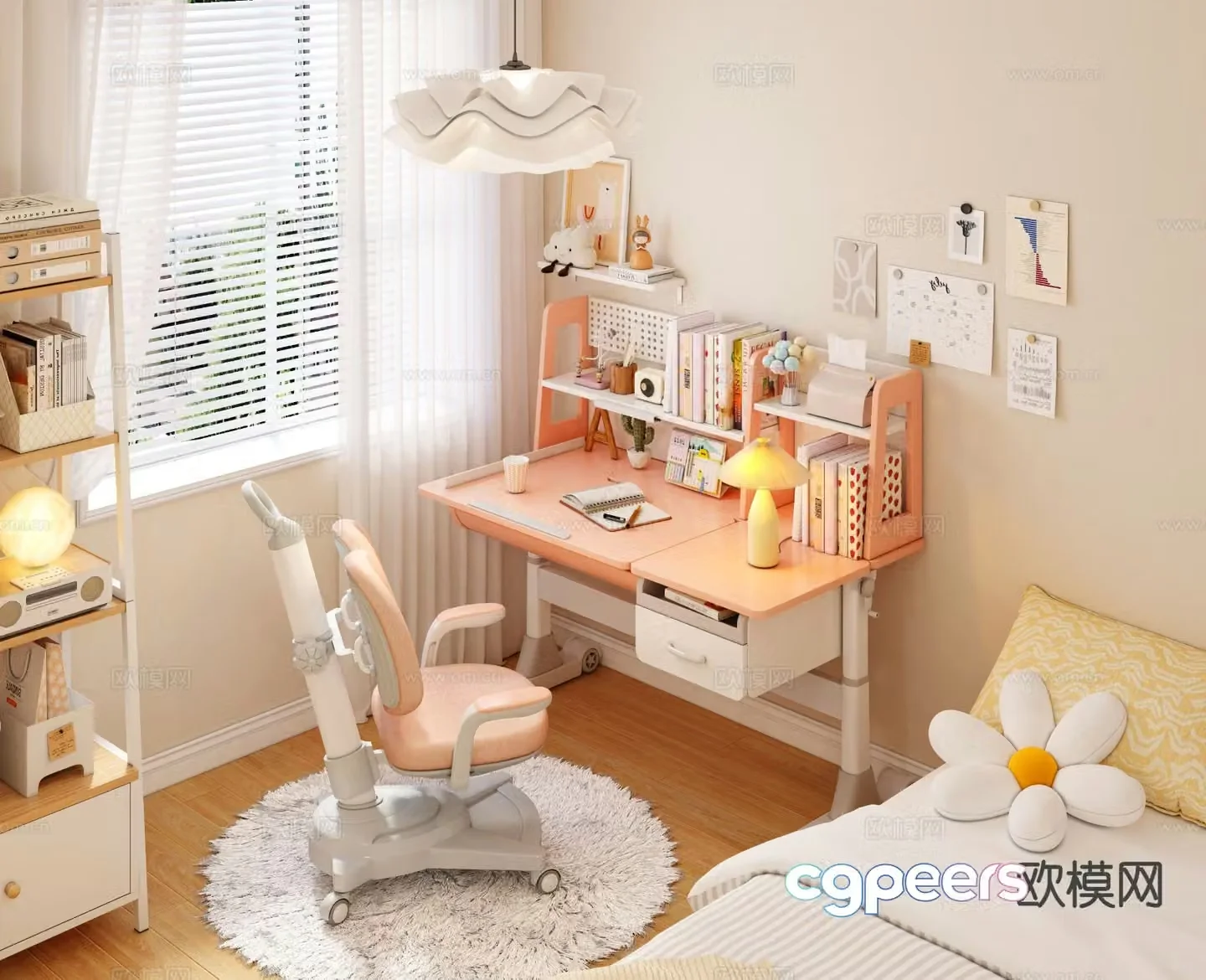 Cream style study table children’s table liftable writing desk 3D model