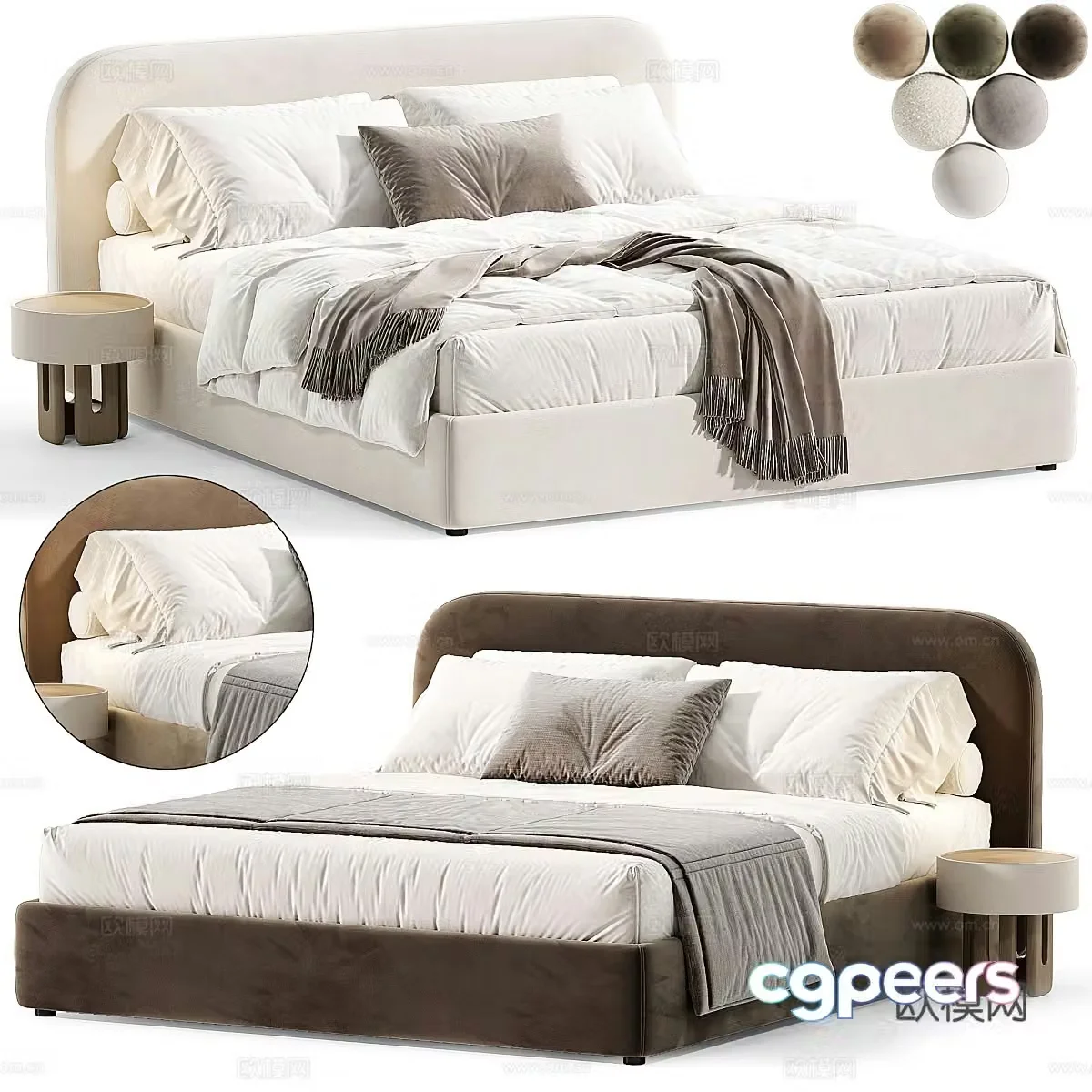 Modern Italian cream style fabric double bed 3d model