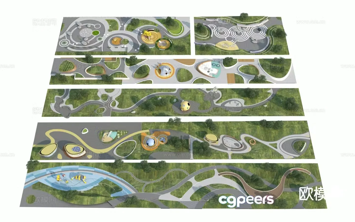 Modern linear pocket park 3d model