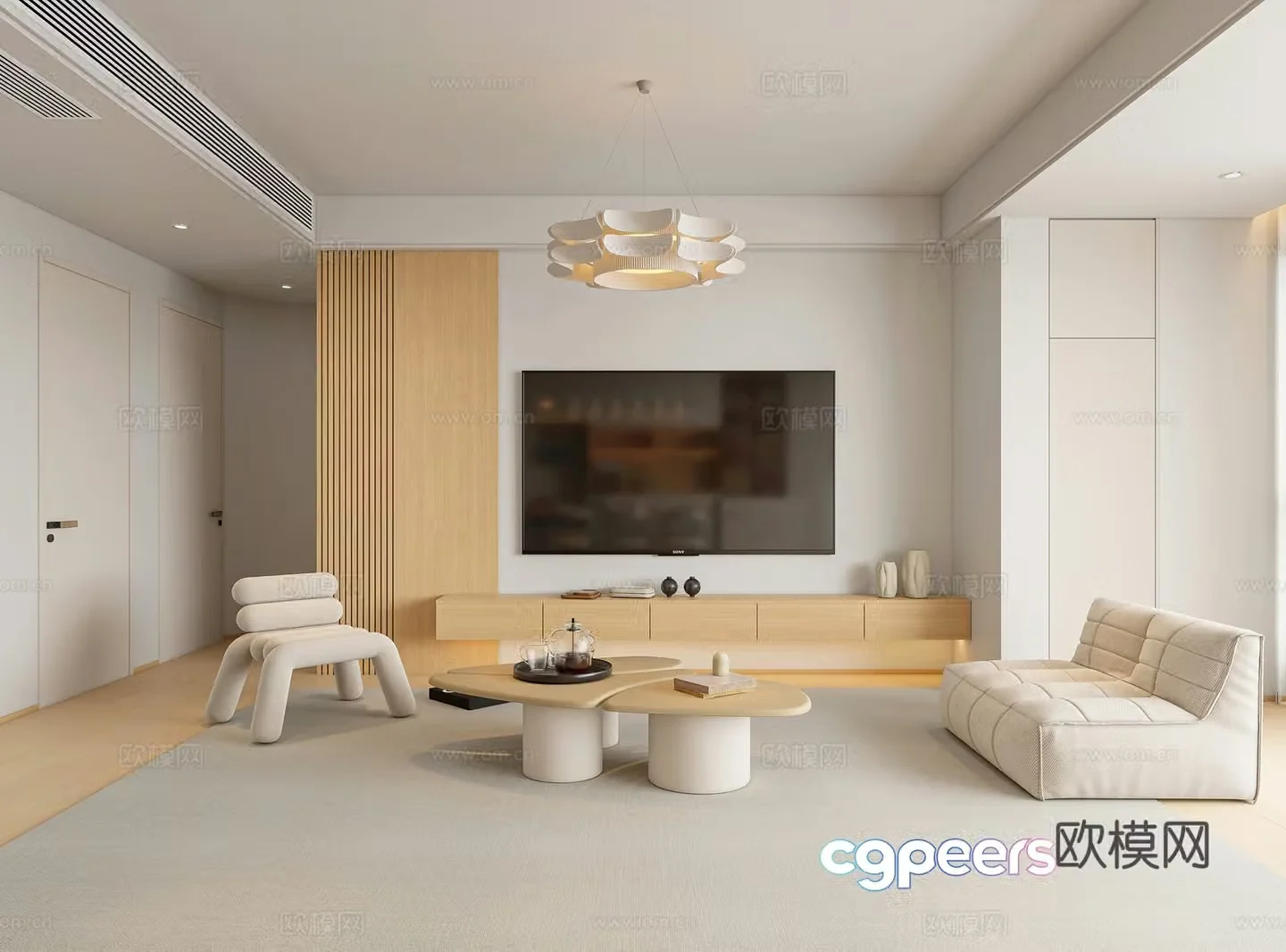 Modern living room Creamy living room TV background wall TV cabinet Nordic log style 3d model
