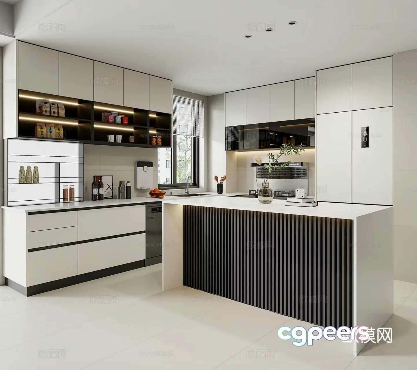 Modern minimalist open kitchen kitchen island bar corner cabinet cabinet refrigerator cabinet integrated 3D model