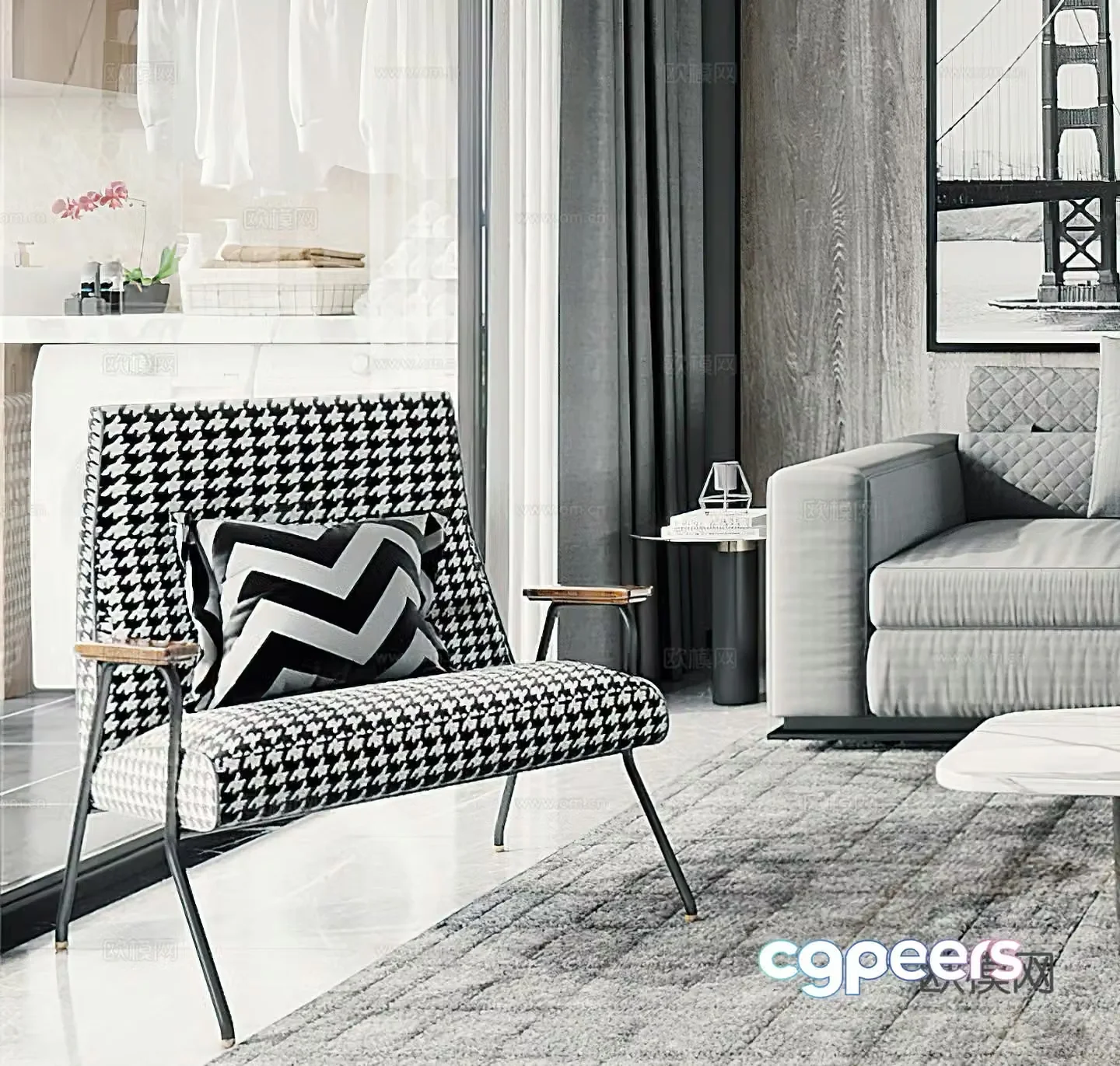 Modern casual chair side table corner table single chair simple black white and gray G7853d model