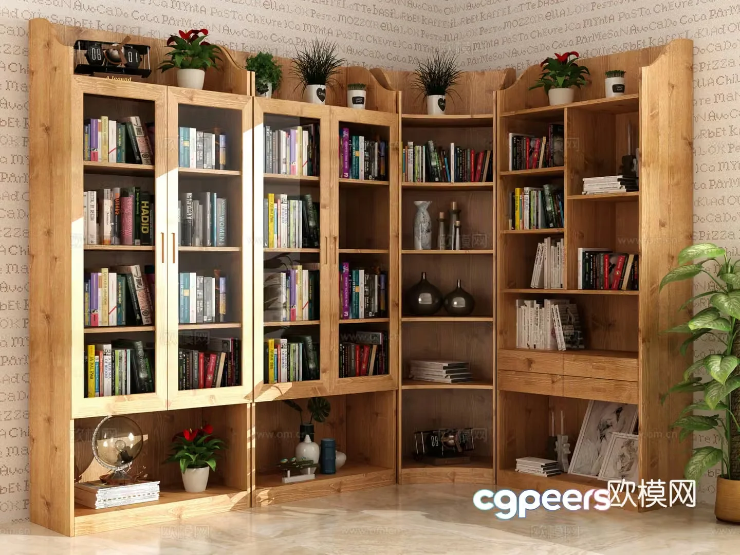 Modern solid wood corner bookcase green plant 3d model