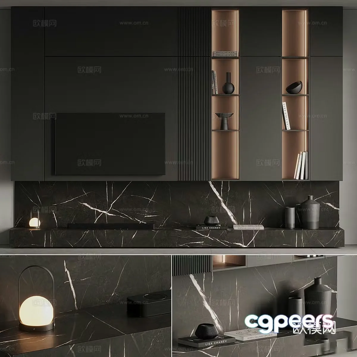 Modern dark style minimalist TV background wall 3d model