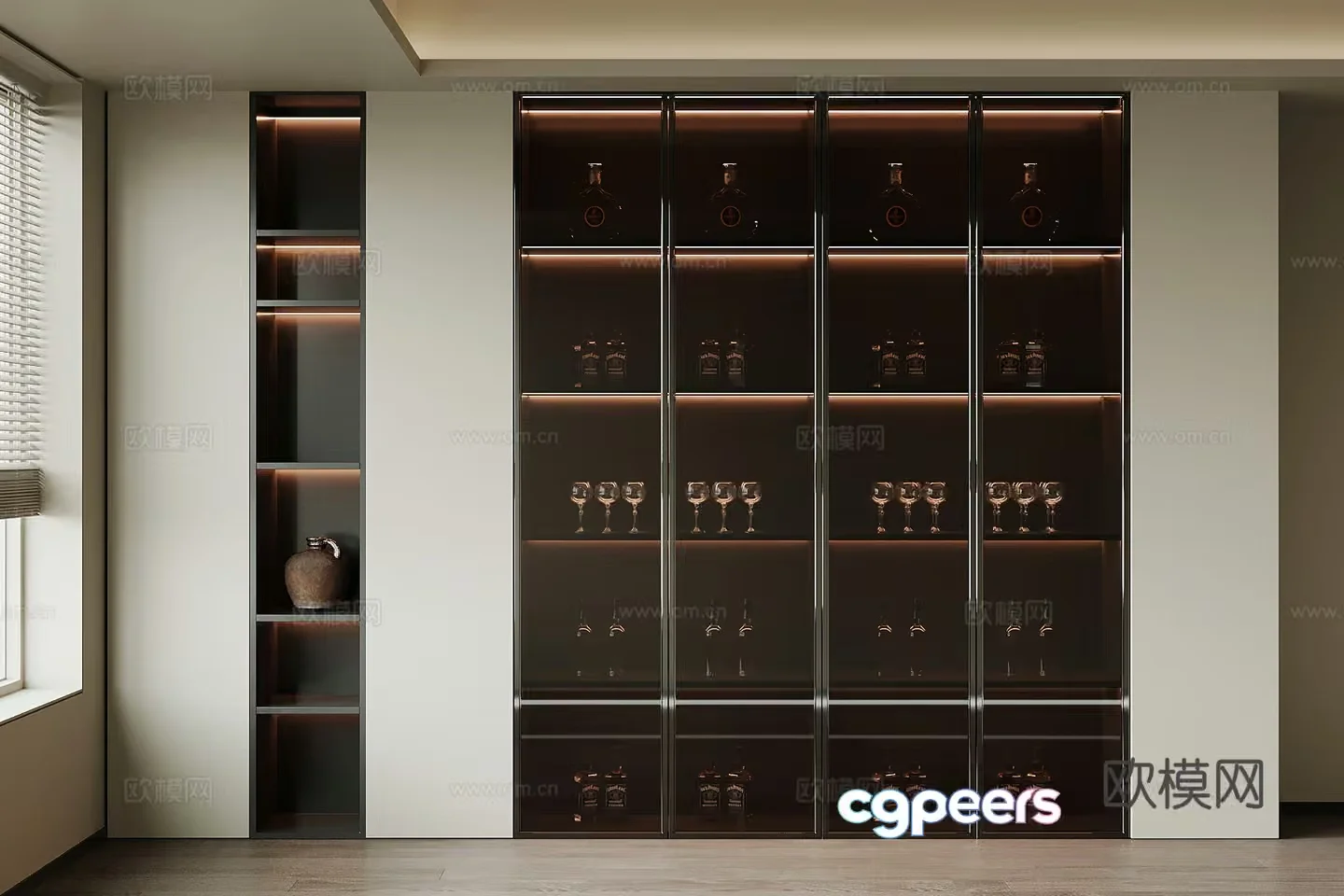 A Tall Cabinet With Glass Doors And Shelves 3D Model – 19539 – VRAY Render