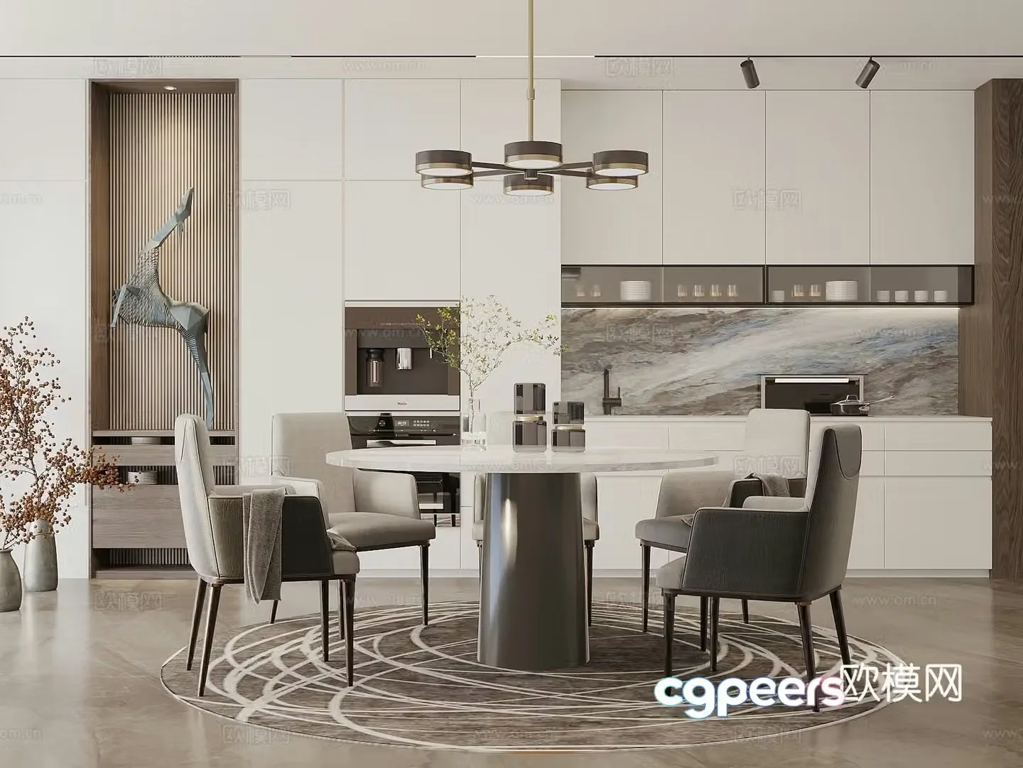 Creamy style round dining table and chair combination round table sideboard art ornaments restaurant chandeliers 3D model