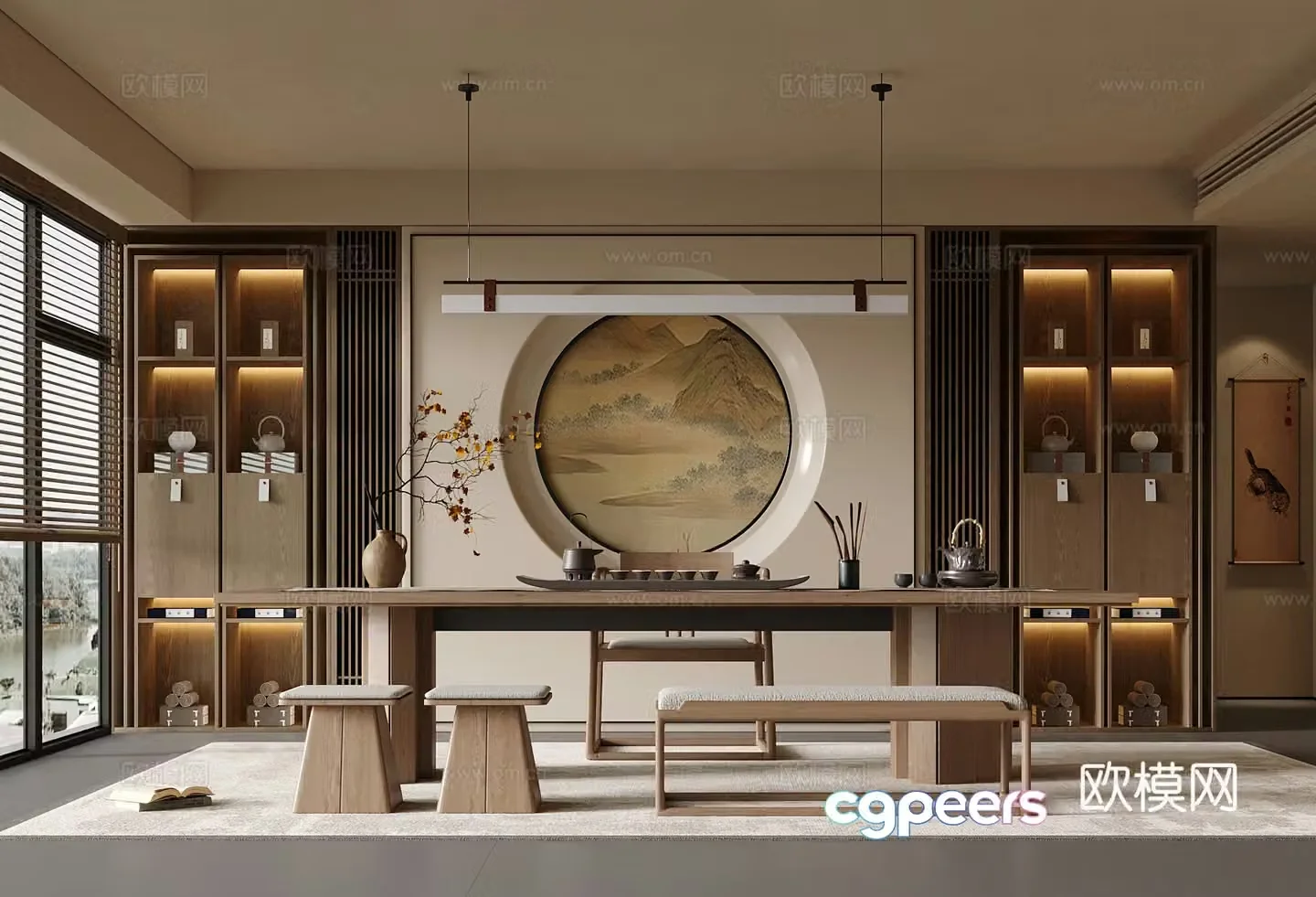 New Chinese-style tea room tea cabinet tea table and chair 3D model