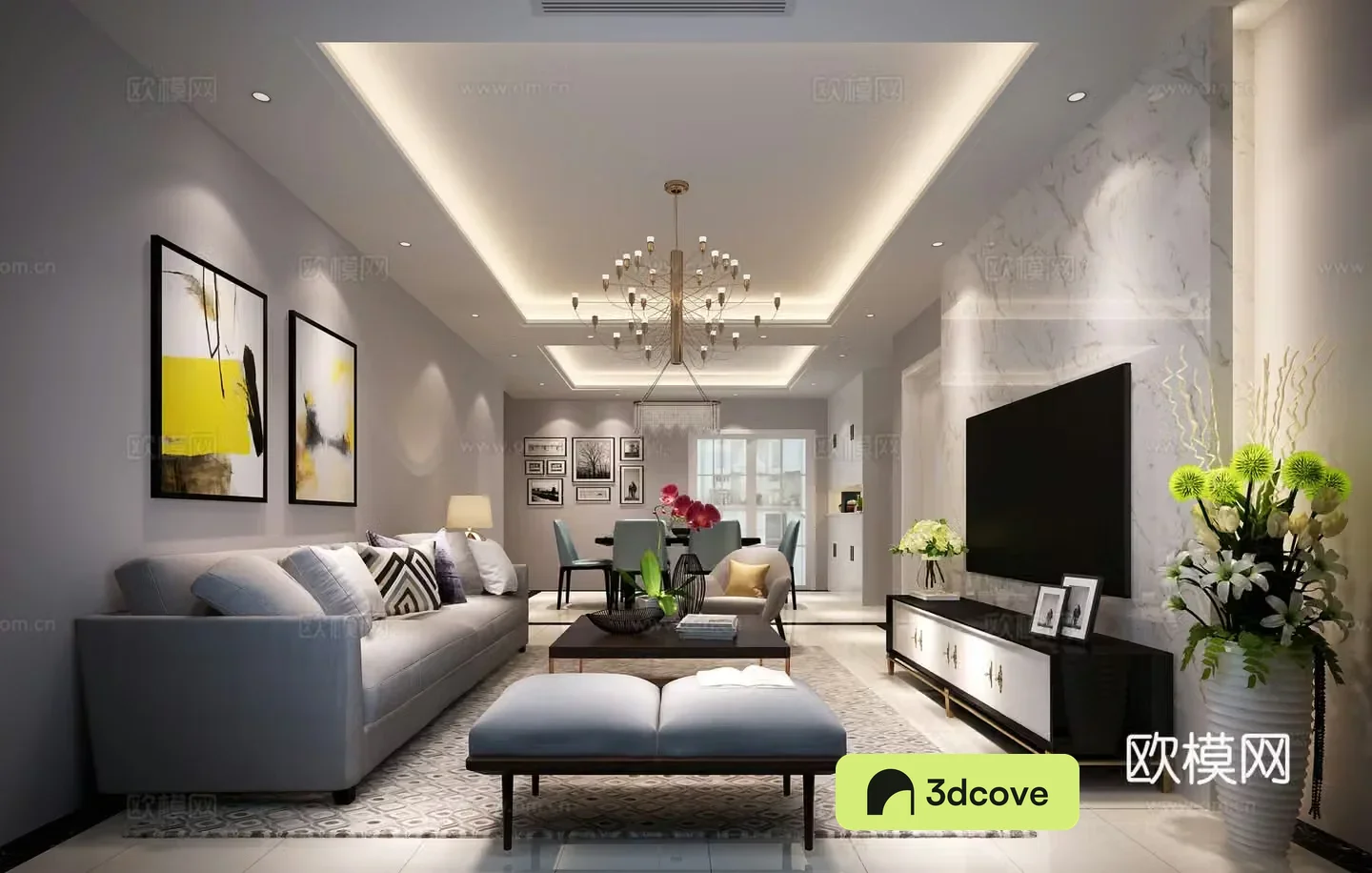 Modern living and dining room sofa coffee table chandeliers TV cabinet hanging painting dining table chair