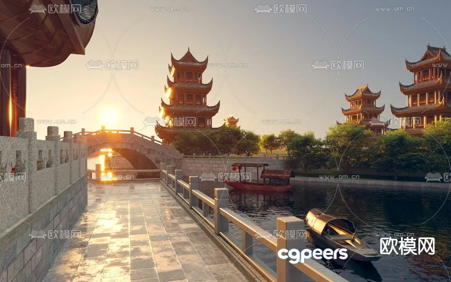 Chinese style river moat landscape 3D model