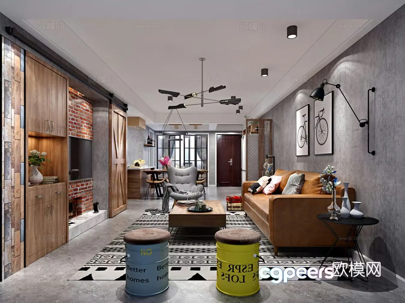 Industrial style modern living room TV background wall 3d model
