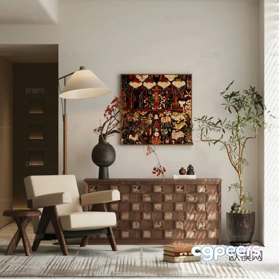 New Chinese style Zen chest cabinet medieval style porch cabinet end view porch cabinet retro style decorative cabinet side cabinet 3D model