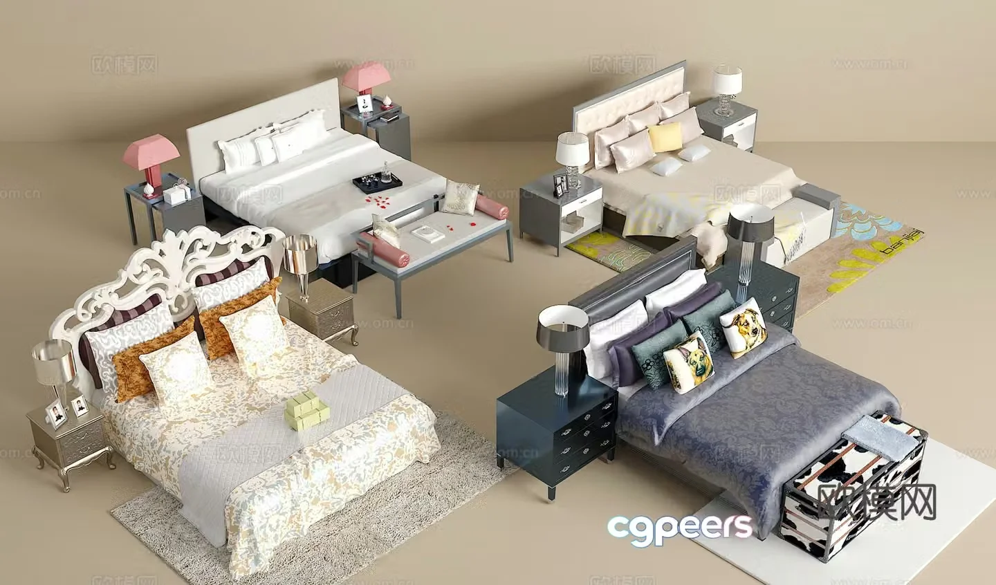 Double bed combination bedside table jewelry ornaments desk lamp carpet pillow 3D model
