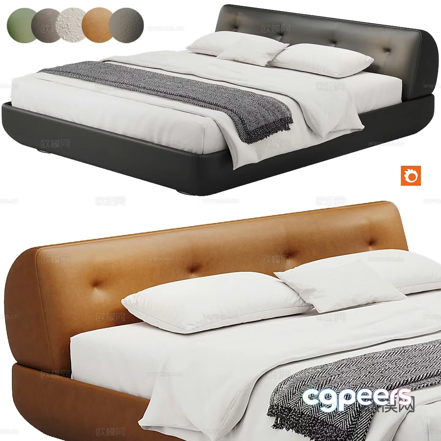 Modern bedroom fabric double bed bed pillow mattress 3d model