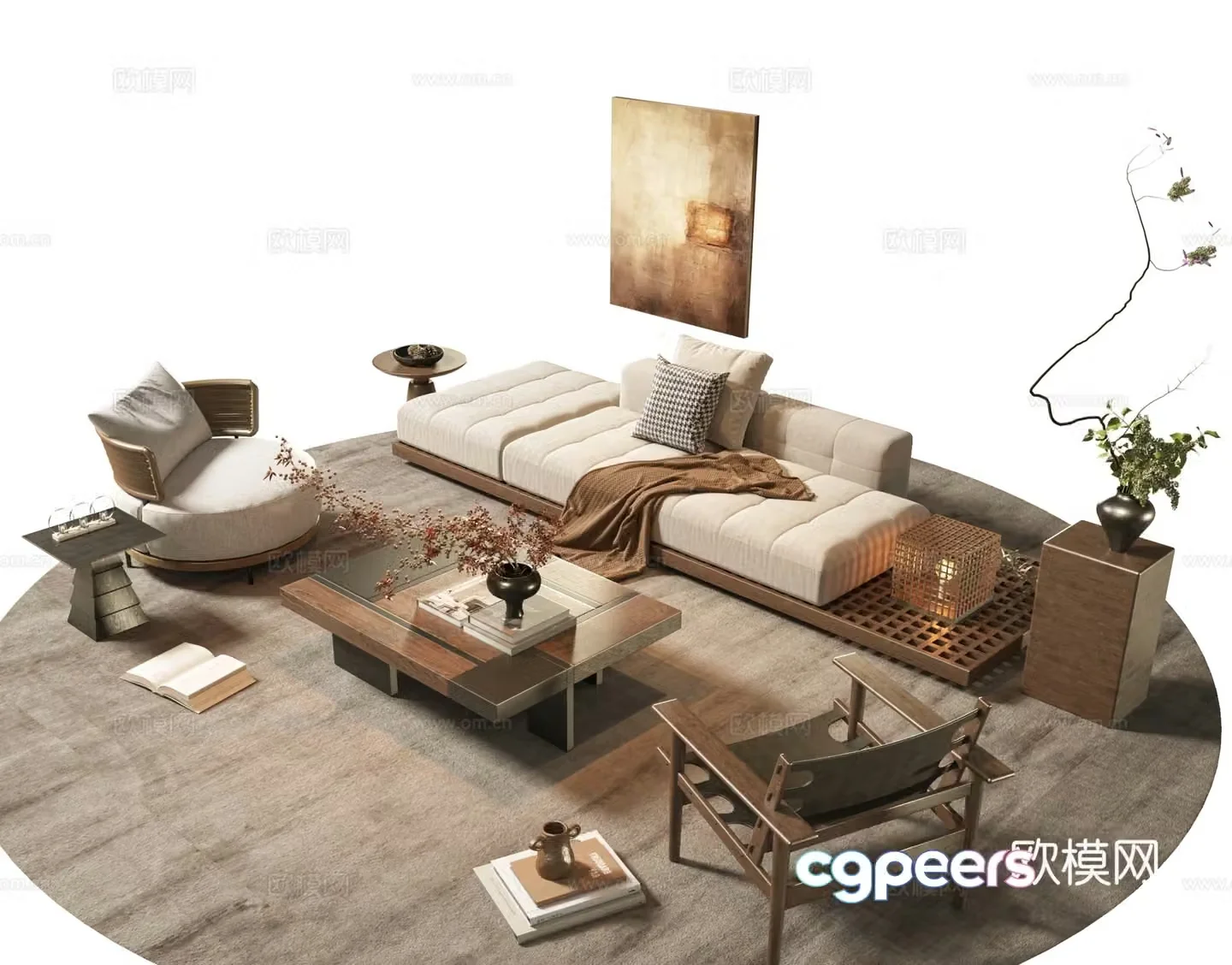 Wasabi Middle Style Sofa Coffee Table Combination Jewelry Ornaments Sofa Combination Medium Style Decoration Painting Flower 3D Model