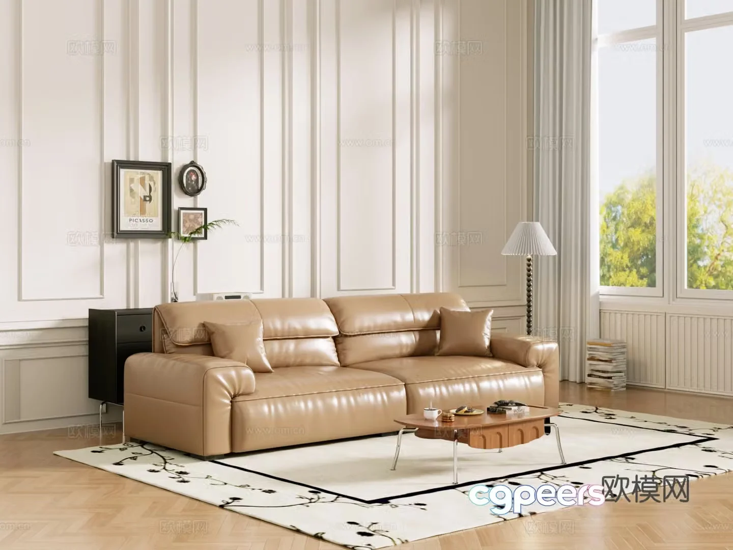 Middle-aged sofa combination coffee table carpet multi-person sofa 3D model