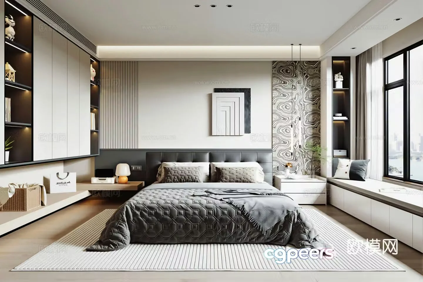 Modern Italian black and white gray bedroom black double bed wardrobe bedside table decoration painting 3d model