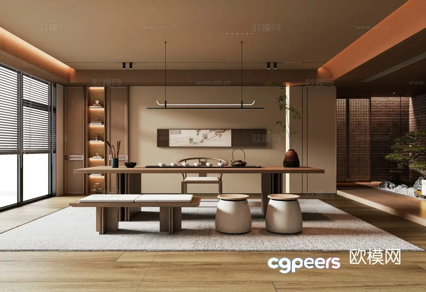 New Chinese-style tea room tea room background wall tea table and chair combination landscape sketch chandeliers interior landscaping 3D model