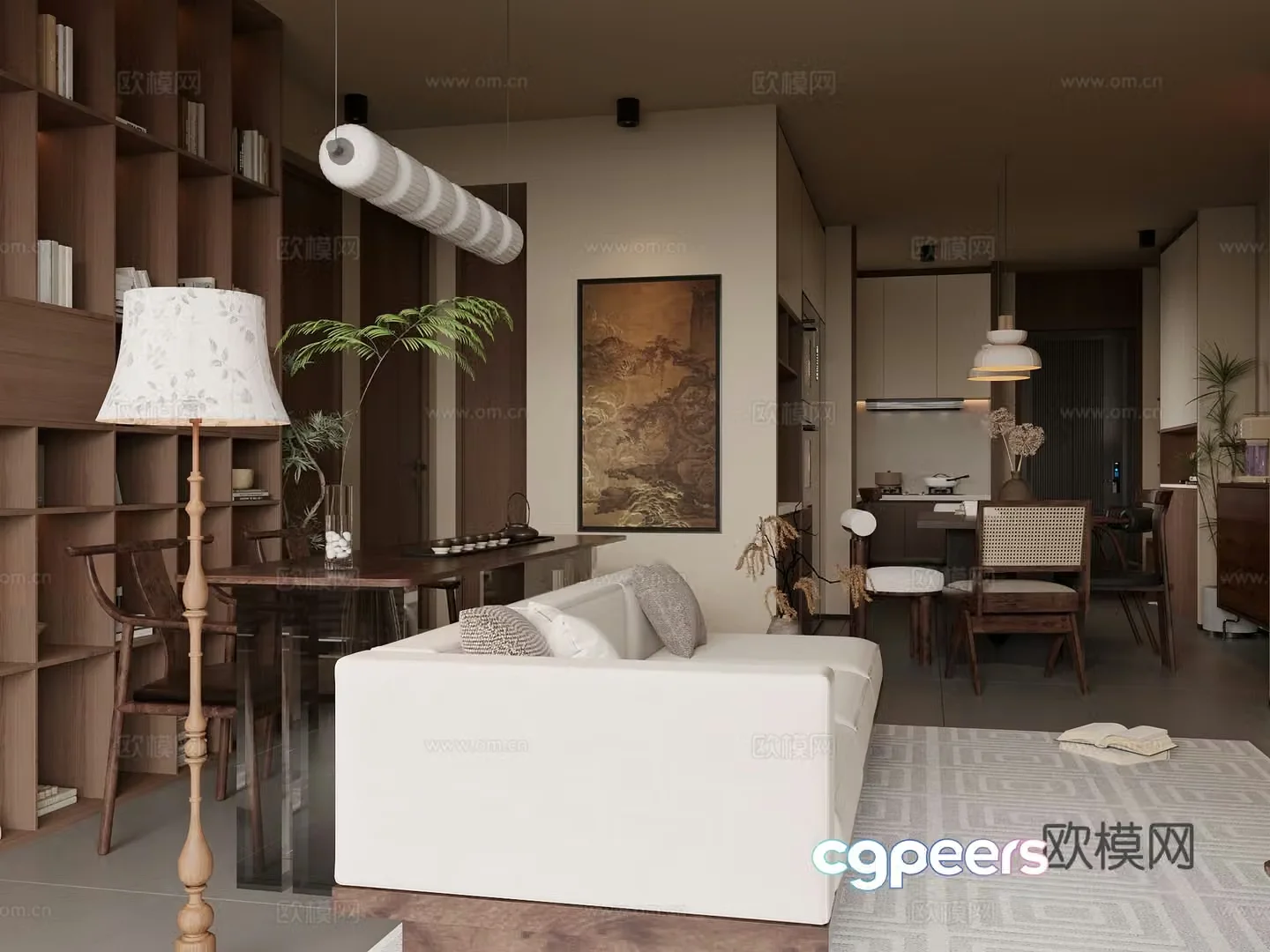 Medium style living room sofa coffee table combination desk bookcase hanging painting chandelier floor lamp 3d model