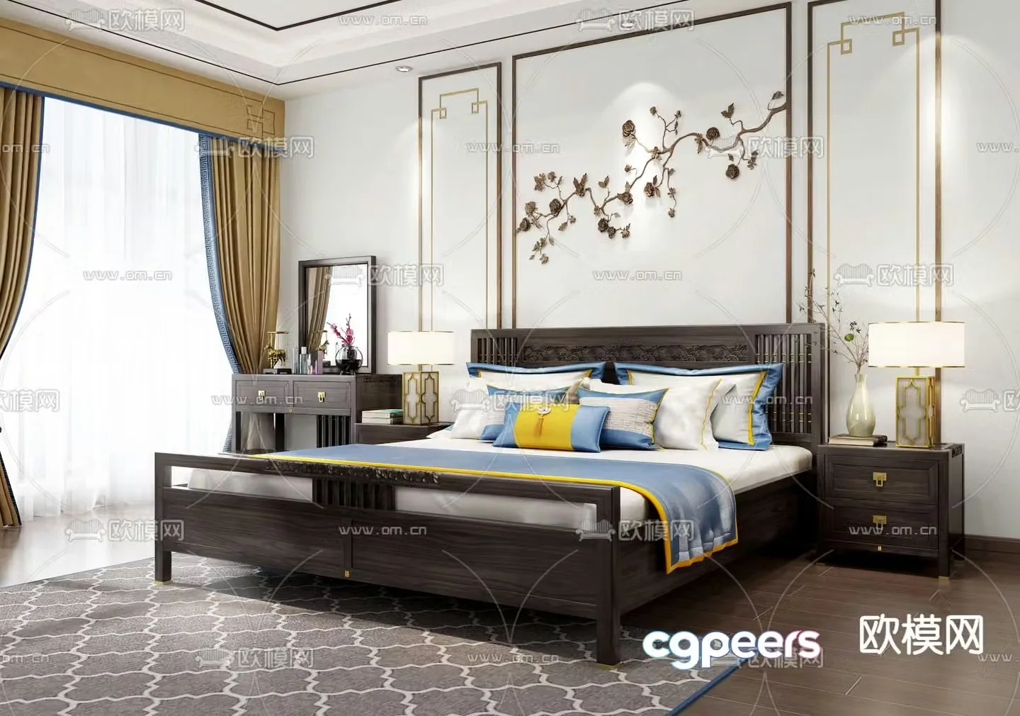 Chinese double bed solid wood bed 3d model