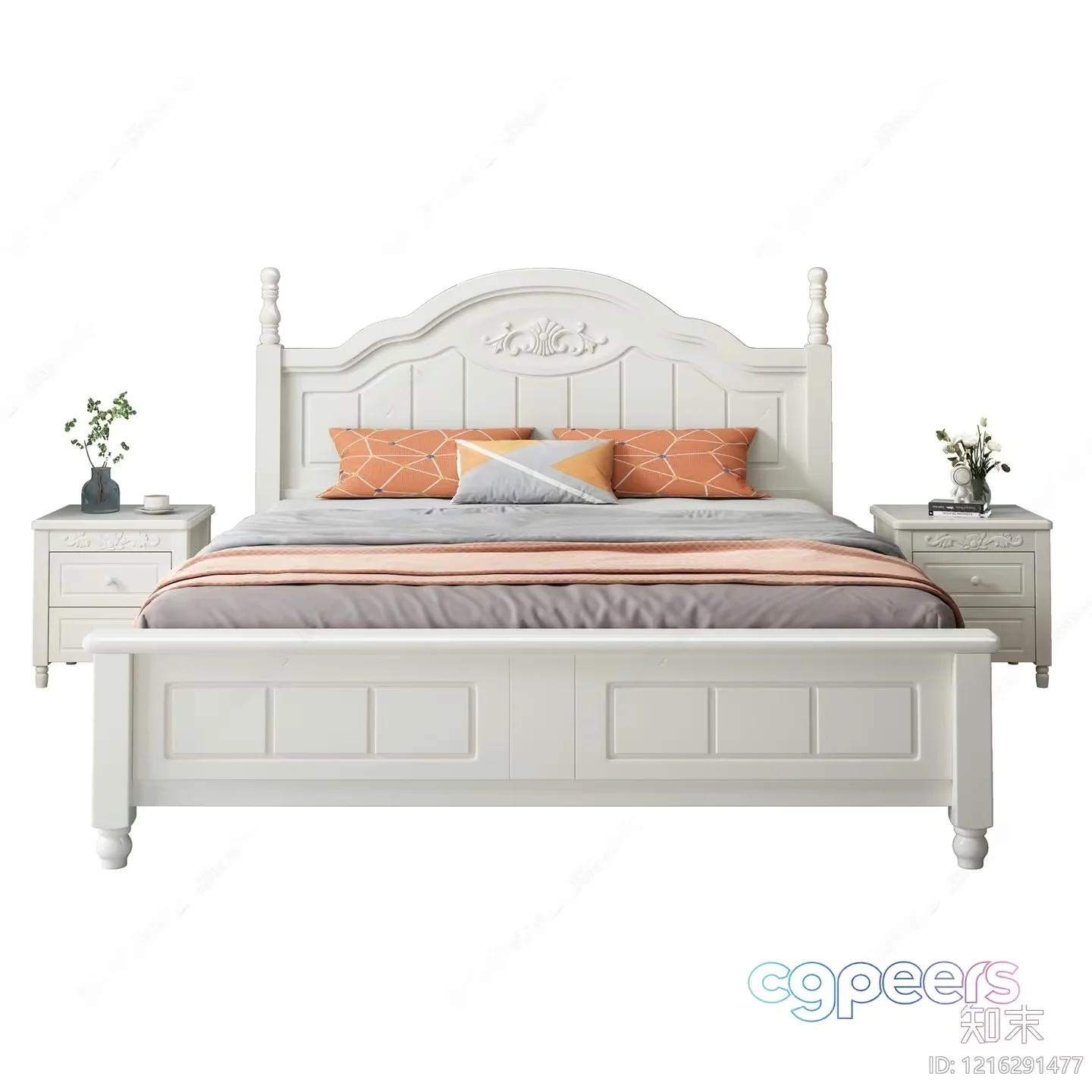 A White Bed With A Carved Headboard 3D Model – 18318 – VRAY Render