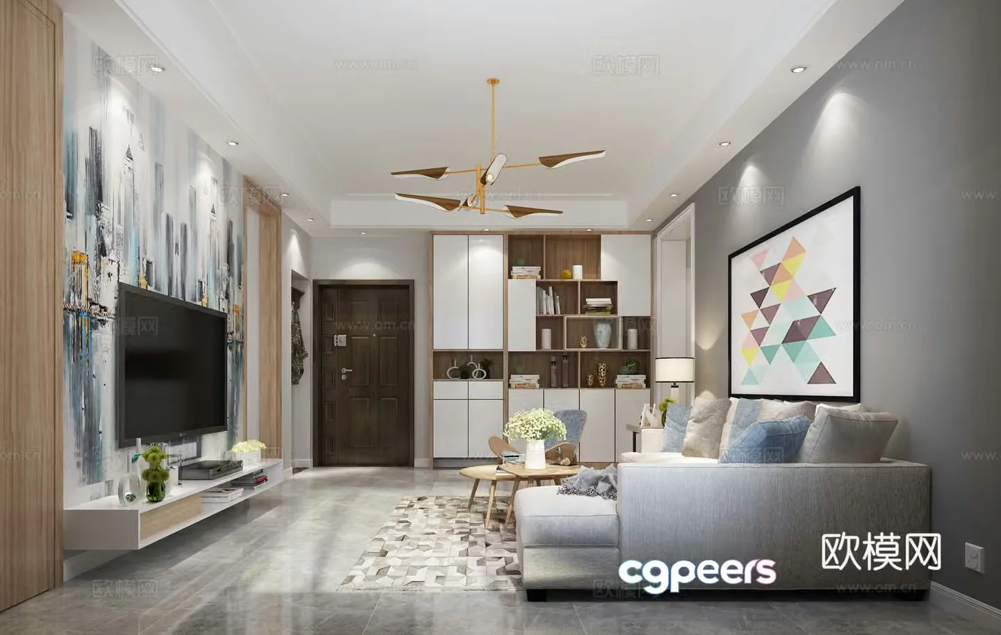 Modern gray living room sofa coffee table dining table chair hanging painting objects ornaments chandeliers 3d model