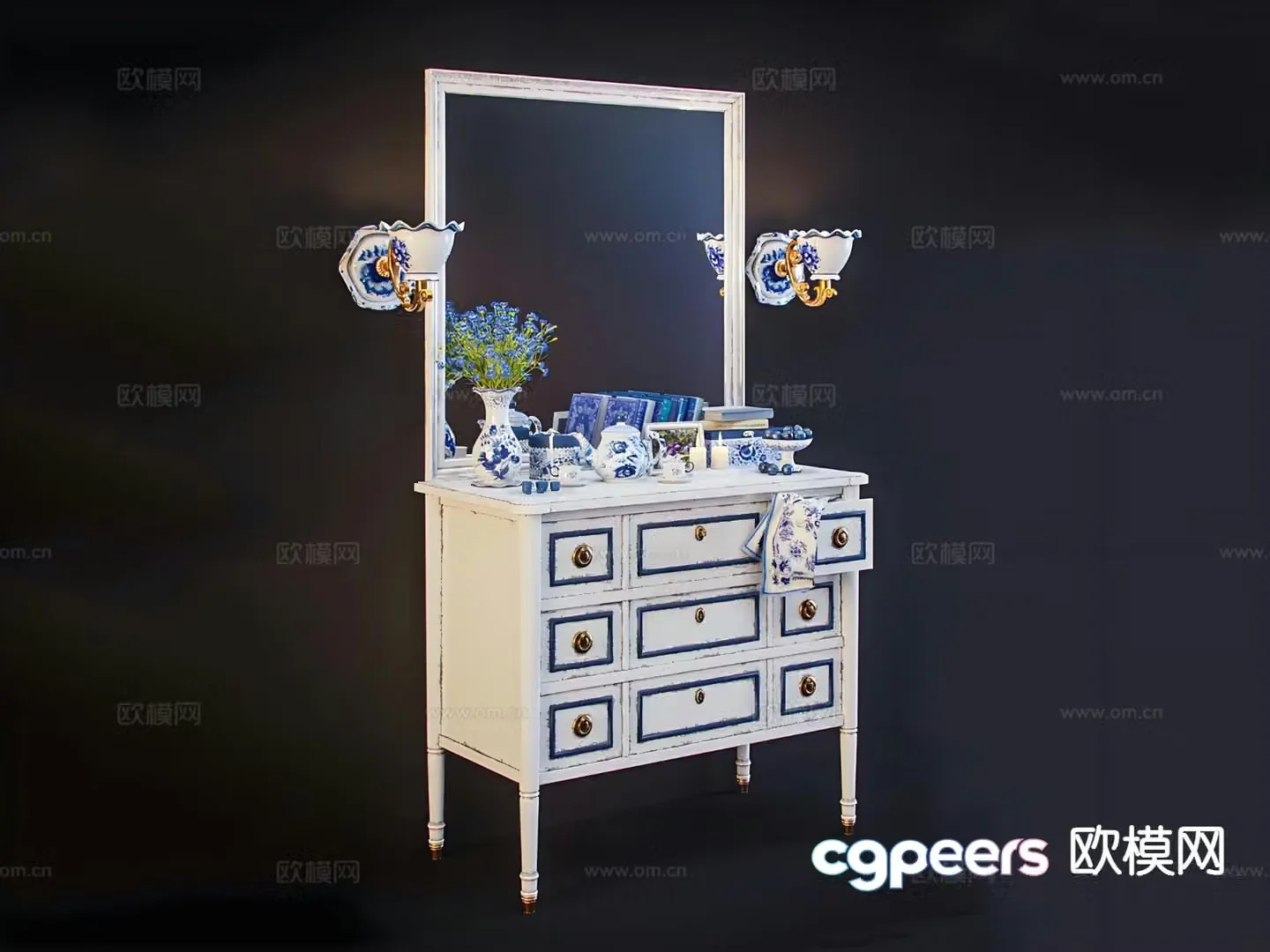 European sideboard blue and white porcelain mirror 3d model
