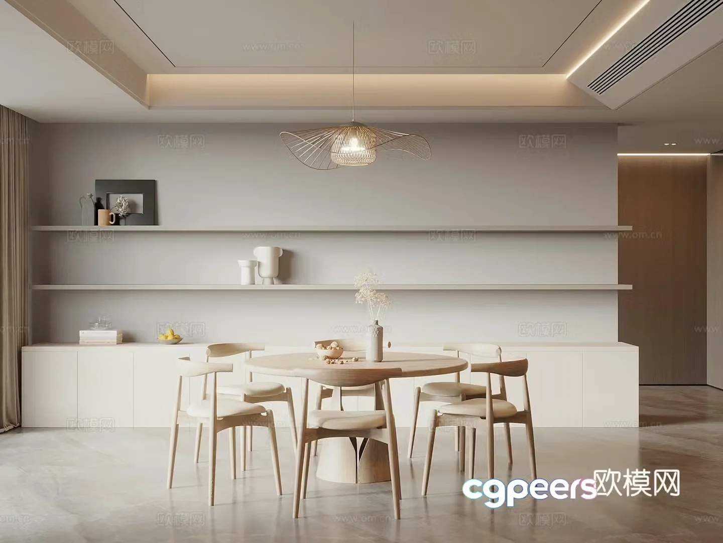 Modern log style restaurant dining table and chair combination sideboard wine cabinet art chandeliers 3D model