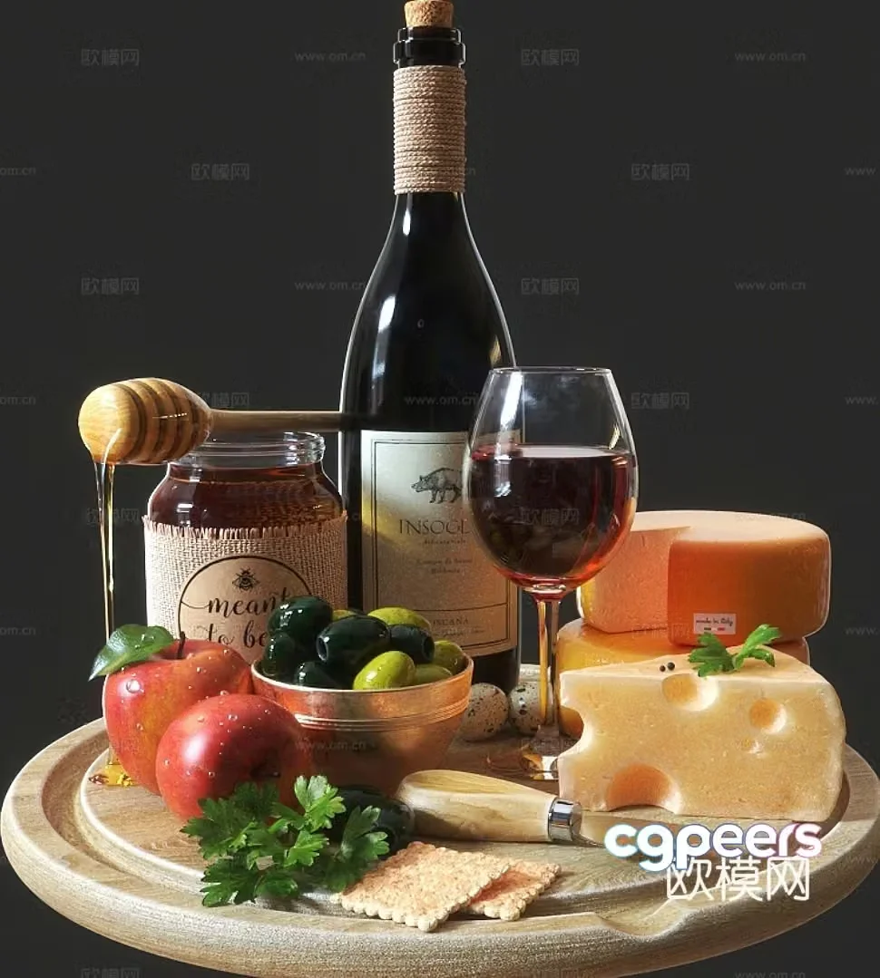 champagne red wine cheese apple biscuit dates honey food bird egg chili quail 3d model