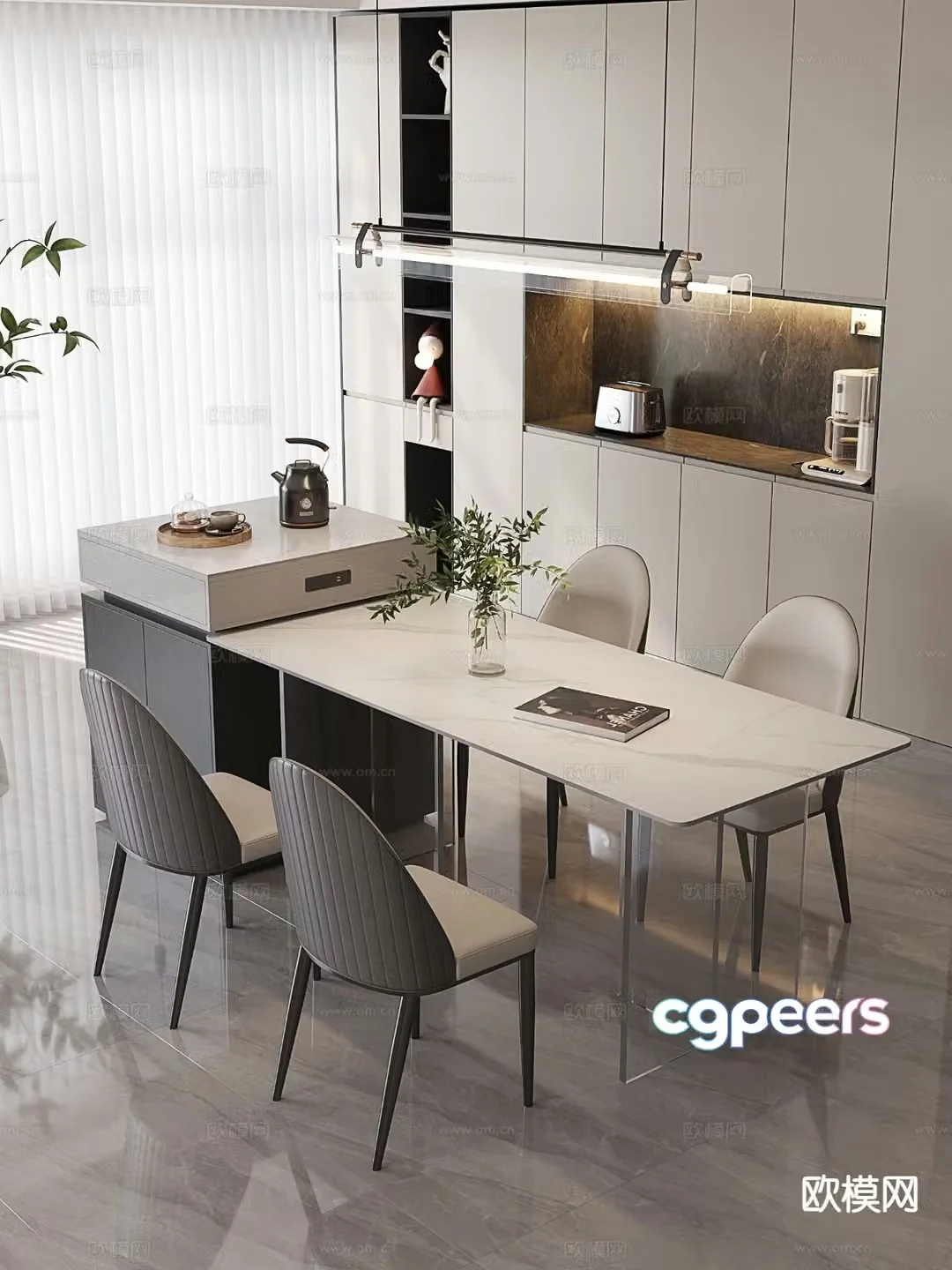 Modern slate island dining table and chairs 3d model